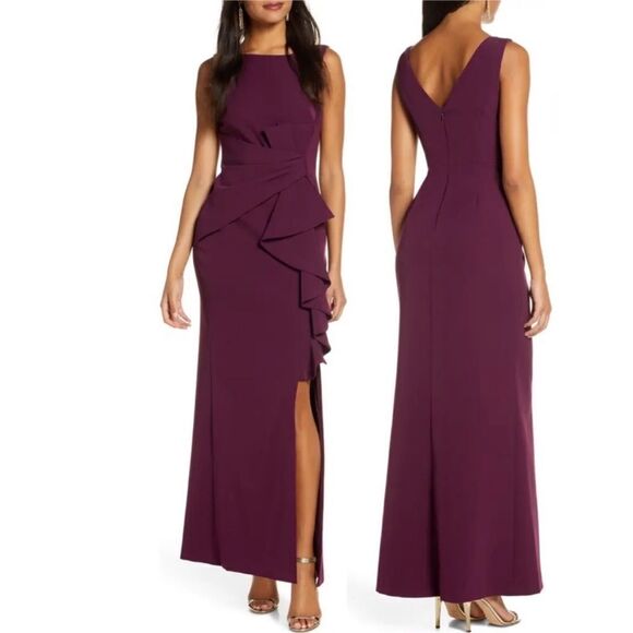 ELIZA J CASCADING RUFFLE Front PLEATED Waist EVENING GOWN Wine size 2 NWT $188 - Picture 1 of 6